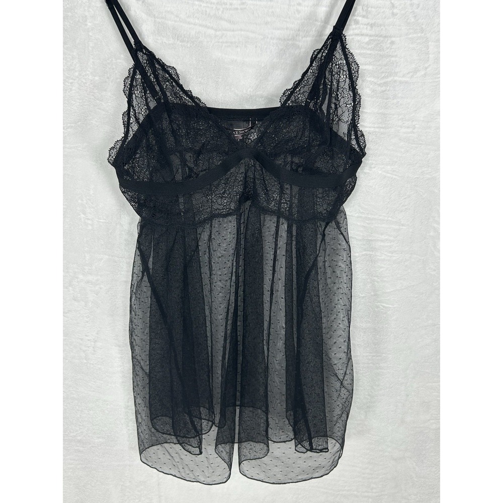Victorias Secret XL 90's Black Sheer Dotted Flyaway Babydoll Coquette Whimsigoth - Picture 10 of 13